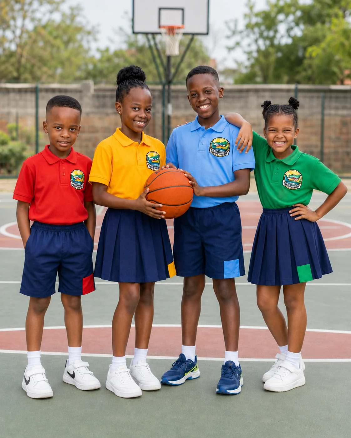 Westbridge pupils wearing red, yellow, blue and green house sports uniforms on a basketball court